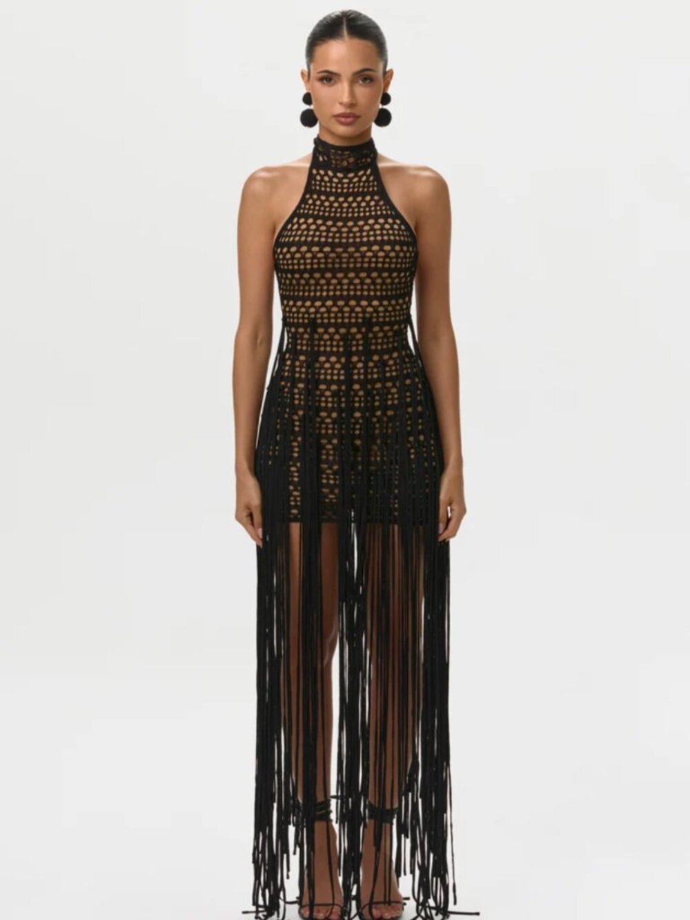 Naked Wardrobe - Crochet Fringe Halter Mini Dress